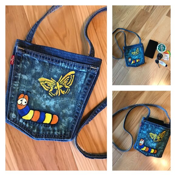 Handmade Crossbody Cell Phone Bag: Painted Whimsical Caterpillar Jean Purse - Picture 8 of 8